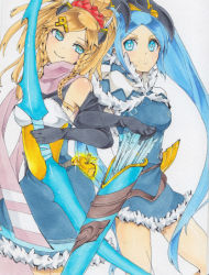 Rule 34 | 2girls, apple, arrow (projectile), bad id, bad pixiv id, ballpoint pen (medium), bare shoulders, black gloves, blonde hair, blue dress, blue eyes, blue hair, bow (weapon), braid, breasts, capelet, dress, elbow gloves, food, fruit, fur trim, gloves, golden apple, hachi futoshi, hair ornament, hair up, holding, holding weapon, idunn &amp; idunna, looking at another, multiple girls, puzzle &amp; dragons, quiver, sideboob, simple background, sleeveless, sleeveless dress, traditional media, twin braids, twintails, weapon, white background