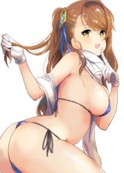 Rule 34 | 10s, 1girl, :d, ass, beatrix (granblue fantasy), bikini, blue bikini, blush, breasts, brown eyes, brown hair, cowboy shot, eyebrows, finger to mouth, flat ass, from side, gloves, granblue fantasy, hair ornament, hair ribbon, hands up, high ponytail, holding, holding hair, index finger raised, large breasts, leaning forward, long hair, looking at viewer, looking back, open mouth, ponytail, ribbon, shawl, side-tie bikini bottom, sideboob, simple background, smile, solo, string bikini, swimsuit, tetsujin momoko, thong, thong bikini, white background, white gloves, yellow eyes