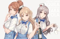 Rule 34 | 3girls, alternate costume, apron, aquila (kancolle), blonde hair, blouse, blue neckwear, blue ribbon, blush, bottle, bow, bowtie, braid, breast hold, breasts, brown eyes, brown hair, button gap, character name, collared shirt, commentary request, cup, dated, dress shirt, drinking glass, employee uniform, french braid, from side, gingham, gingham apron, grey background, grey hair, hair between eyes, hair ornament, hairclip, hand up, hat, high ponytail, holding, holding bottle, holding cup, kantai collection, kobeya uniform, large breasts, long hair, looking at viewer, medium breasts, mini hat, multiple girls, open mouth, orange hair, pola (kancolle), revision, ribbon, rokuwata tomoe, shirt, short sleeves, signature, simple background, smile, swept bangs, twitter username, uniform, upper body, wavy hair, white shirt, wine glass, zara (kancolle)