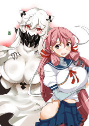 Rule 34 | 10s, 2girls, abyssal ship, akashi (kancolle), aoi manabu, breasts, cleavage, colored skin, kantai collection, large breasts, long hair, looking at viewer, midway princess, multiple girls, pink hair, red eyes, smile, very long hair, white background, white skin