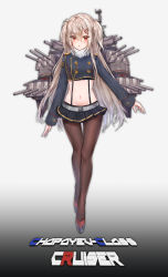 Rule 34 | 1girl, absurdres, arms at sides, bad id, bad pixiv id, belt, black skirt, blush, brown pantyhose, buttons, character name, commentary request, crop top, cuna (qunya), double-breasted, epaulettes, full body, fur collar, glint, gold trim, gradient background, grey shirt, hair between eyes, hair ornament, hairclip, highres, long hair, long sleeves, looking at viewer, machinery, mast, midriff, military, military uniform, miniskirt, navel, pantyhose, parted lips, pleated skirt, red eyes, shirt, shoes, sidelocks, silver hair, simple background, skirt, sleeves past wrists, solo, standing, stomach, suspenders, thigh gap, turret, two side up, uniform, very long hair, warship girls r, white background