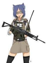 Rule 34 | 1girl, absurdres, animal ears, armor, assault rifle, black thighhighs, blue hair, closed eyes, combat shirt, cowboy shot, dog ears, erika kurosaka, fang, galil ar (upotte!!), gloves, gun, highres, holding, holding gun, holding weapon, imi galil, looking at viewer, open mouth, bulletproof vest, radio, rifle, safety glasses, short hair, simple background, skirt, smile, solo, standing, tactical clothes, tactical skirt, thighhighs, tinted eyewear, upotte!!, weapon, white background, yellow-tinted eyewear