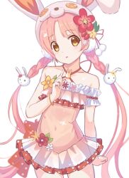 Rule 34 | 1girl, animal ears, animal hat, artist request, braid, collarbone, hair ornament, hat, highres, long hair, mimi (princess connect!), mimi (summer) (princess connect!), pink hair, princess connect!, rabbit ears, rabbit hair ornament, rabbit hat, simple background, swimsuit, swimsuit skirt, twin braids, yellow eyes