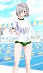 Rule 34 | 1girl, absurdres, alternate costume, arms behind back, blue eyes, blue sky, breasts, buruma, cloud, commentary request, day, feet out of frame, green buruma, grey hair, gym shirt, gym uniform, hair ornament, hair over one eye, hairclip, hamakaze (kancolle), highres, kantai collection, lane line, large breasts, looking at viewer, outdoors, parted lips, pool, shirt, short hair, sky, solo, string of flags, t-shirt, takafumi, untucked shirt, white shirt