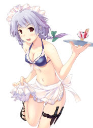 Rule 34 | 1girl, alternate costume, apron, bare shoulders, bikini, bikini top only, blush, braid, breasts, cleavage, collarbone, female focus, food, front-tie top, glass, highres, ice cream, izayoi sakuya, knife, maid, maid apron, maid bikini, maid headdress, navel, nearly naked apron, nksk, no panties, open mouth, red eyes, silver hair, simple background, solo, sundae, swimsuit, thigh gap, touhou, tray, twin braids, unconventional maid, waist apron, white background