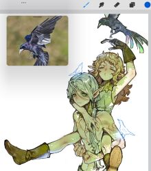 Rule 34 | 1boy, 1girl, arm around neck, arm tattoo, art program in frame, bags under eyes, bird, black bird, blonde hair, boots, carrying, carrying person, chest tattoo, closed eyes, crow, dungeon meshi, elf, fleki, gloves, gorget, green eyes, grey hair, hair around ear, hair tubes, highres, long hair, low twintails, lycion, notched ear, nova 1810, photo inset, piggyback, pointy ears, pout, procreate (software), reference inset, simple background, sleeveless, sweatdrop, tattoo, topless male, tunic, twintails, white background