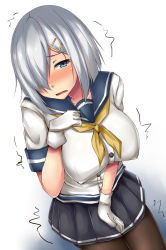 Rule 34 | 1girl, between legs, black pantyhose, blue eyes, blue sailor collar, blue skirt, blush, breasts, collarbone, dutch angle, embarrassed, female focus, gloves, hair ornament, hair over one eye, hairclip, half-closed eyes, hamakaze (kancolle), hand between legs, hand on own chest, hand up, have to pee, jpeg artifacts, kantai collection, large breasts, looking at viewer, neckerchief, nose blush, open mouth, pantyhose, pleated skirt, sailor collar, school uniform, serafuku, shirt, short hair, short sleeves, silver hair, simple background, skirt, solo, standing, terakoya, trembling, white background, white gloves, white shirt, yellow neckerchief