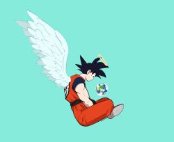 Rule 34 | 1boy, 2019, angel wings, aqua background, bad id, bad twitter id, black eyes, black hair, closed mouth, clothes writing, cloud, commentary request, cool gelato, dated, dougi, dragon ball, dragonball z, earth (planet), floating, from side, full body, giant, giant male, halo, hands on lap, happy, looking down, male focus, planet, profile, simple background, smile, solo, son goku, spiked hair, wings