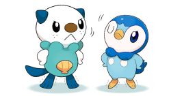 Rule 34 | :&lt;, black eyes, blue eyes, closed mouth, commentary request, creatures (company), frown, full body, game freak, gen 4 pokemon, gen 5 pokemon, nintendo, no humans, official art, one eye closed, oshawott, piplup, pokemon, pokemon (creature), project pochama, standing, tiptoes, trembling, white background