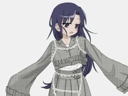 Rule 34 | 1girl, blush stickers, gishiki (gshk), goshiki agiri, grey skirt, highres, jitome, kill me baby, long sleeves, parted lips, pleated skirt, purple eyes, purple hair, simple background, skirt, sleeves past fingers, sleeves past wrists, solo, standing, unmoving pattern, white background