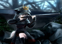 Rule 34 | 1girl, alternate costume, armor, female focus, gun, inubashiri momiji, japanese armor, musket, rain, rifle, samurai, solo, tail, touhou, tsubasa (abchipika), weapon, wolf tail
