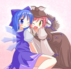 Rule 34 | 2girls, ;d, bird wings, blue bow, blue dress, blue eyes, blue hair, blush, bow, brown dress, brown hat, cheek-to-cheek, cirno, collar, des (namaasi), dress, female focus, hair bow, hat, heads together, ice, ice wings, juliet sleeves, long sleeves, multiple girls, mystia lorelei, one eye closed, open mouth, pink hair, puffy short sleeves, puffy sleeves, short hair, short sleeves, smile, touhou, tsurime, white collar, white sleeves, winged hat, wings, yellow eyes
