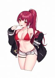 Rule 34 | 1girl, :d, armpits, bad id, bad twitter id, bare shoulders, bikini, bikini under clothes, black jacket, breasts, cleavage, cropped legs, dolphin shorts, earrings, finger to mouth, halterneck, hand up, hololive, houshou marine, houshou marine (summer), jacket, jewelry, large breasts, long hair, looking at viewer, micro shorts, navel, necklace, o-ring, o-ring thigh strap, off shoulder, open clothes, open jacket, open mouth, ponytail, red bikini, red eyes, red hair, shorts, simple background, siun, smile, solo, stomach, string bikini, swimsuit, thigh strap, thighs, virtual youtuber, white background, white shorts, yellow eyes