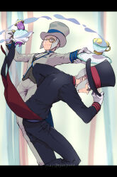 Rule 34 | 2boys, black jacket, black pants, brothers, buttons, closed mouth, commentary request, creatures (company), cup, emmet (pokemon), emmet (special costume) (pokemon), game freak, gen 8 pokemon, gloves, grey headwear, hand on headwear, hat, highres, holding, holding saucer, ingo (pokemon), ingo (special costume) (pokemon), jacket, long sleeves, male focus, monocle, multiple boys, nintendo, nyoripoke, official alternate costume, pants, pokemon, pokemon (creature), pokemon masters ex, polteageist, saucer, siblings, sinistea, tailcoat, teacup, teapot, top hat, vest, white gloves