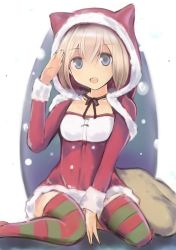 Rule 34 | 1girl, :d, between legs, blonde hair, blue eyes, collarbone, erica hartmann, hand between legs, hand on forehead, hood, long sleeves, looking at viewer, nannacy7, neck ribbon, open mouth, ribbon, sack, salute, santa costume, sitting, smile, snow, solo, strike witches, striped clothes, striped thighhighs, thighhighs, wariza, world witches series