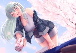 Rule 34 | 1girl, absurdres, alternate costume, bare shoulders, blue jacket, blush, breasts, can, cleavage, ear piercing, giving, green hair, grey eyes, hair between eyes, hair ornament, hand on own thigh, highres, jacket, jewelry, kantai collection, large breasts, leaning forward, long hair, long sleeves, looking at viewer, narushima kanna, necklace, off shoulder, open mouth, outdoors, petals, piercing, shirt, short shorts, shorts, sleeveless, sleeveless shirt, smile, solo, suzuya (kancolle), white shirt