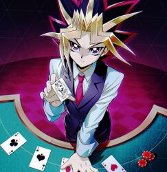 Rule 34 | 1boy, ace (playing card), ace of clubs, ace of diamonds, ace of hearts, ace of spades, black hair, black pants, blackjack table, blonde hair, card, checkered floor, club (shape), collared shirt, cowboy shot, diamond (shape), heart, holding, holding card, indoors, joker (playing card), kaze-hime, long sleeves, looking at viewer, male focus, multicolored hair, muto yugi, necktie, pants, parted bangs, playing card, poker chip, purple eyes, red hair, red necktie, shirt, solo, spade (shape), spiked hair, table, waistcoat, white shirt, yu-gi-oh!, yu-gi-oh! duel monsters
