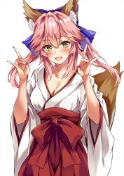 Rule 34 | 10s, 1girl, :d, animal ear fluff, animal ears, blush, bow, breasts, cleavage, collarbone, commentary request, detached sleeves, fang, fate/extra, fate (series), fingernails, fox ears, fox girl, fox shadow puppet, fox tail, hair between eyes, hair bow, hair ribbon, hakama, hakama short skirt, hakama skirt, highres, japanese clothes, kimono, large breasts, long hair, long sleeves, looking at viewer, marisasu (marisa0904), medium breasts, miko, nail polish, open mouth, pink hair, pink nails, red hakama, ribbon, sash, sidelocks, simple background, skirt, smile, solo, tail, tamamo (fate), tamamo no mae (fate/extra), twintails, white background, white kimono, wide sleeves, yellow eyes