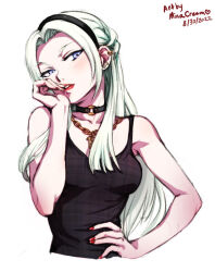 Rule 34 | 1girl, 2022, artist name, breasts, chain, chain necklace, choker, commentary, dated, edelgard von hresvelg, english commentary, fire emblem, fire emblem: three houses, hairband, hand on own hip, jewelry, long hair, looking at viewer, mina cream, necklace, nintendo, o-ring, o-ring choker, purple eyes, red lips, red nails, simple background, small breasts, solo, white background, white hair