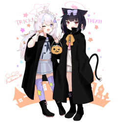Rule 34 | 2girls, ahoge, animal ears, black cape, black footwear, black hair, black neckerchief, blue archive, boots, candy, cape, cat ears, cat tail, colored inner hair, fang, food, gloves, grey serafuku, grey skirt, hair ornament, halloween, halloween costume, halo, highres, holding, holding candy, holding food, kazusa (blue archive), long hair, looking at viewer, motion lines, multicolored hair, multiple girls, neckerchief, negu (pixiv 6519140), one eye closed, open mouth, pink hair, pink halo, purple eyes, purple hair, purple thighhighs, red eyes, reisa (blue archive), sailor collar, school uniform, serafuku, short hair, skin fang, skirt, smile, star (symbol), star hair ornament, star print, tail, thighhighs, trick or treat, twintails, white background, white gloves, white sailor collar