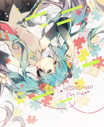Rule 34 | 1girl, arm up, bare shoulders, black skirt, blouse, blue eyes, blue hair, blue necktie, character name, closed mouth, collared shirt, commentary request, detached sleeves, flower, from above, grey shirt, hair flower, hair ornament, hairclip, half-closed eyes, happy birthday, hatsune miku, head tilt, headphones, heart, heart of string, highres, jigsaw puzzle, long hair, long sleeves, lying, multicolored nails, nail polish, necktie, omutatsu, on back, pleated skirt, puzzle, red flower, red rose, rose, sheet music, shirt, skirt, smile, solo, twintails, upper body, very long hair, vocaloid, x hair ornament, yellow flower, yellow rose