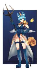 Rule 34 | 1girl, aqua eyes, armor, blue hair, breasts, cleavage, closed mouth, covered erect nipples, fish, full body, hair between eyes, hand on own hip, highres, holding, holding weapon, horns, large breasts, leotard, looking at viewer, monster girl, nanostar, original, polearm, short hair, single horn, solo, trident, weapon