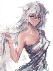 Rule 34 | 1girl, alternate costume, animal ears, arknights, asymmetrical clothes, breasts, chinese commentary, cleavage, closed mouth, collarbone, commentary request, dress, grey dress, grey eyes, highres, holding, holding own hair, lappland (arknights), long hair, looking at viewer, medium breasts, naijiaer, silver hair, simple background, single bare shoulder, smile, solo, very long hair, white background, wolf ears