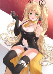Rule 34 | 1girl, :p, absurdres, antenna hair, arm behind back, azur lane, bare shoulders, belt, black dress, black footwear, black gloves, black ribbon, black shorts, blonde hair, boots, breasts, cleavage, clip studio paint (medium), coattails, collarbone, commentary, cowboy shot, cup, dress, drinking glass, elbow gloves, gloves, green eyes, groin, hair ribbon, hand up, highres, holding, holding cup, hornet (azur lane), hornet (bubbly anniversary!) (azur lane), jewelry, karla (kimidori3), large breasts, leg belt, long hair, looking at viewer, navel, necklace, ribbon, scarf, shadow, short shorts, shorts, sidelocks, sitting, sleeveless, sleeveless dress, smile, solo, stomach, swept bangs, thigh boots, thighhighs, tongue, tongue out, twintails, very long hair, wallpaper (object), white belt, wine glass, yellow scarf