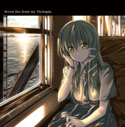 Rule 34 | 1girl, album cover, bag charm, blouse, blue necktie, cable, charm (object), collared shirt, contemporary, cover, day, diffraction spikes, earphones, english text, female focus, frown, green hair, hair ornament, head rest, himura kiseki, kochiya sanae, listening to music, long hair, necktie, shirt, sitting, solo, touhou, watch, water, white shirt, yellow eyes