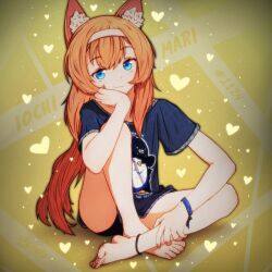 1girl alternate_costume animal_ear_fluff animal_ears anklet artist_name barefoot black_shirt black_shorts blue_archive blue_eyes bracelet cat_ears cat_girl character_name crossed_ankles feet fingernails full_body hairband head_rest heart jewelry long_hair looking_at_viewer mari_(blue_archive) orange_hair print_shirt shirt short_shorts short_sleeves shorts sitting smile solo srgrafo toenails very_long_hair white_hairband yellow_background