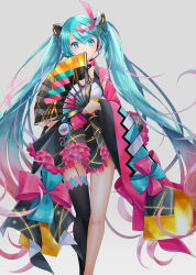 Rule 34 | 1girl, absurdres, aira (exp), aqua eyes, aqua hair, asymmetrical legwear, black skirt, black thighhighs, blue bow, bow, commentary, drum, feet out of frame, folding fan, frilled skirt, frills, gradient hair, grey background, hair ornament, hairclip, hand fan, hatsune miku, highres, holding, holding fan, instrument, japanese clothes, kimono, long hair, looking at viewer, magical mirai (vocaloid), magical mirai miku, magical mirai miku (2020 summer), miniskirt, multicolored hair, oil-paper umbrella, pink bow, pink hair, pink sleeves, single thighhigh, skirt, smile, solo, standing, thighhighs, twintails, umbrella, uneven legwear, very long hair, vocaloid, white kimono, yukata
