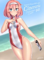 Rule 34 | 1girl, beach, blue eyes, character name, cineraria (paravene), clothes writing, competition swimsuit, day, freckles, gun, handgun, highres, one-piece swimsuit, original, paravene, personification, pink hair, short hair, solo, standing, swimsuit, turtleneck, weapon