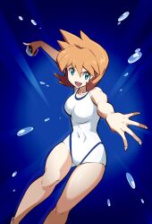 Rule 34 | &gt;:), 1girl, :d, blue background, blue eyes, breasts, collarbone, commentary request, competition swimsuit, covered navel, creatures (company), game freak, highres, holding, holding poke ball, legs, looking at viewer, medium breasts, misty (pokemon), nintendo, one-piece swimsuit, open mouth, orange hair, poke ball, poke ball (basic), pokemon, pokemon hgss, revision, sakuraidai, sandals, short hair, simple background, smile, solo, swimsuit, thighs, v-shaped eyebrows