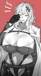 Rule 34 | 1girl, absurdres, bags under eyes, belt, belt pouch, breasts, chaps, clothing cutout, coat, coat on shoulders, cropped jacket, dog tags, fukamichi ran&#039;ou, gloves, goddess of victory: nikke, greyscale, hair ornament, hairclip, highres, huge breasts, leotard, long hair, messy hair, midriff, monochrome, navel cutout, one eye closed, pouch, red background, rubbing eyes, scar, scar on stomach, sharp teeth, solo, stomach cutout, teeth, yulha (nikke)
