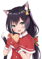 Rule 34 | 1girl, animal ear fluff, animal ears, blush, cat ears, cat girl, cat tail, christmas, commentary, fang, fur trim, gift, gloves, green eyes, hair ornament, hair ribbon, holding, holding gift, karyl (princess connect!), kohana (princessxhana), long hair, looking at viewer, multicolored hair, open mouth, princess connect!, purple hair, red gloves, ribbon, santa costume, simple background, solo, streaked hair, tail, very long hair, white background, white hair