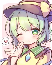 Rule 34 | 1girl, afterimage, black hat, blowing kiss, blush, buttons, closed mouth, coa (chroo x), collared shirt, commentary request, diamond button, frilled shirt collar, frilled sleeves, frills, green eyes, green hair, hat, hat ribbon, heart, highres, komeiji koishi, long sleeves, one eye closed, ribbon, shirt, short hair, solo, spoken heart, touhou, upper body, wide sleeves, yellow ribbon, yellow shirt