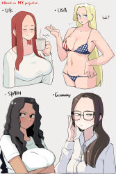 Rule 34 | 4girls, america (ohasi), american flag bikini, american flag print, bikini, black hair, blonde hair, blue eyes, blush, breasts, brown eyes, brown hair, cleavage, closed eyes, collarbone, collared shirt, commentary, crossed arms, cup, dress shirt, english commentary, english text, flag print, forehead, freckles, germany, germany (ohasi), glasses, green eyes, grey background, hand on own hip, highres, holding, holding cup, long hair, long sleeves, looking at viewer, looking to the side, multiple girls, navel, ohasi, open mouth, original, print bikini, red hair, shirt, short sleeves, sidelocks, simple background, spain, spain (ohasi), swimsuit, t-shirt, united kingdom, united kingdom (ohasi), united states, white shirt