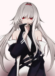 Rule 34 | 1girl, absurdres, anchor symbol, azur lane, bad id, bad pixiv id, bare shoulders, breasts, colorado (azur lane), commentary request, detached sleeves, floating hair, gradient background, hair over one eye, hairband, highres, large breasts, long hair, looking at viewer, red eyes, rrr ato, sideboob, sidelocks, solo, very long hair, white hair