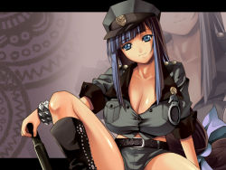 Rule 34 | 1girl, bdsm, belt, black legwear, blue eyes, blue hair, blunt bangs, boots, bow, bracelet, breast pocket, breasts, cleavage, cuffs, dominatrix, fuutou shizune, hair bow, handcuffs, hat, head tilt, highres, huge breasts, jewelry, knee boots, letterboxed, long hair, looking at viewer, matching hair/eyes, midriff, nagahama megumi, oshioki sweetie, peaked cap, pocket, police, police uniform, policewoman, ponytail, short shorts, shorts, sidelocks, sitting, smile, solo, spiked bracelet, spikes, spread legs, studded belt, thighs, uniform, very long hair, wallpaper, weapon, zoom layer