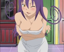 Rule 34 | 00s, blair (soul eater), breasts, cleavage, purple hair, screencap, soul eater, stitched, third-party edit, towel