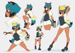 Rule 34 | 1girl, animal ears, arms up, ball, bare legs, baseball, baseball cap, baseball glove, black footwear, black hair, black shirt, blue eyes, blue hair, brand new animal, breasts, brown eyes, closed mouth, commentary, contrapposto, dark skin, english commentary, full body, furry, furry female, grey background, hat, highres, holding, holding ball, jacket, kagemori michiru, knee up, looking at viewer, medium breasts, multicolored eyes, multicolored hair, multiple views, open clothes, open jacket, open mouth, pitcher (container), pitching, profile, raccoon ears, raccoon girl, raccoon tail, shirt, shoes, short hair, short shorts, shorts, simple background, smile, standing, standing on one leg, symbol-only commentary, tail, thighs, two-tone hair, unseriousguy, white jacket, white shorts, yellow headwear