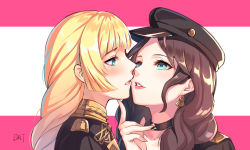 Rule 34 | 2girls, artist name, black choker, black headwear, blonde hair, blush, brown hair, cabbie hat, chinese commentary, choker, commentary request, da-cart, dorothea arnault, earrings, fire emblem, fire emblem: three houses, from side, garreg mach monastery uniform, green eyes, hand on another&#039;s chin, hat, highres, imminent kiss, index finger raised, ingrid brandl galatea, jewelry, long hair, multiple girls, nintendo, parted lips, pink background, portrait, profile, signature, simple background, two-tone background, uniform, white background, yuri
