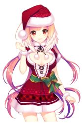 Rule 34 | 1girl, breasts, christmas, cleavage, dress, green ribbon, hat, highres, large breasts, long hair, looking at viewer, official art, pink hair, red eyes, ribbon, santa costume, santa dress, santa hat, selena (soccer spirits), shirahane nao, snowflake print, soccer spirits, transparent background