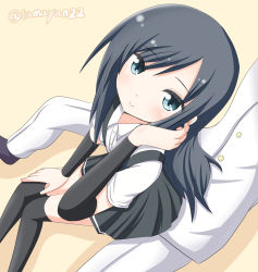 Rule 34 | 10s, 1boy, 1girl, adjusting hair, admiral (kancolle), arm warmers, asashio (kancolle), black hair, black thighhighs, blue eyes, from above, kantai collection, long hair, looking at viewer, pleated skirt, school uniform, shirt, sitting, sitting on lap, sitting on person, skirt, smile, suspenders, tamayan, thighhighs