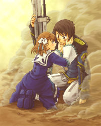 Rule 34 | 1boy, 1girl, breasts, brown eyes, brown hair, closed mouth, commentary request, dress, hair ornament, huge weapon, kresnik ahtreide, medium hair, ribbon, short hair, side ponytail, weapon, wild arms, wild arms 4, yulie ahtreide