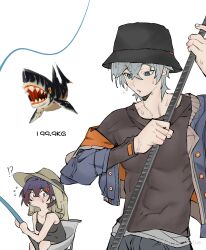 !? 1boy 1girl abs absurdres belle_(zenless_zone_zero) black_hat black_shirt blue_hair blue_jacket breasts brother_and_sister bucket_hat chair crossed_bangs fishing fishing_rod flying_sweatdrops grey_hair hair_between_eyes hat highres holding holding_fishing_rod jacket medium_breasts off_shoulder open_clothes open_jacket parted_lips shark shirt short_hair siblings simple_background sitting sweat toned toned_male white_background wise_(zenless_zone_zero) yatou_cue zenless_zone_zero