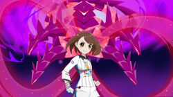 Rule 34 | 1girl, absurdres, blush, brown eyes, brown hair, clenched hands, closed mouth, collared shirt, commentary request, creatures (company), dynamax band, eternatus, eternatus (eternamax), game freak, gen 8 pokemon, gloria (pokemon), gloves, gym challenge uniform, highres, legendary pokemon, nintendo, pokemon, pokemon (creature), pokemon swsh, shirt, short hair, shorts, single glove, smile, terada ryou, white shirt, white shorts