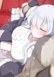 Rule 34 | akitokage, anastasia (fate), anastasia (under the same sky) (fate), breasts, coat, couch, doll, eyes visible through hair, fate/grand order, fate (series), fur trim, hair over one eye, highres, large breasts, long hair, on couch, silver hair, sleeping, sleeves past wrists, sweater, winter clothes, winter coat