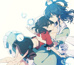 Rule 34 | 2girls, arm up, back, belt, black belt, black hair, black skirt, blood, blood on face, blue dress, blue eyes, blue hair, breasts, closed eyes, closed mouth, collared vest, commentary request, danmaku, dress, eyes visible through hair, flower, flying, from side, hair between eyes, hair ornament, hand up, hands up, highres, kaku seiga, large breasts, leaf, looking at viewer, magic, miyako yoshika, multiple girls, no headwear, open clothes, open mouth, open vest, pink flower, pointy ears, puffy short sleeves, puffy sleeves, red shirt, shirt, short hair, short sleeves, simple background, skirt, smile, t-shirt, tama (soon32281), touhou, vest, white vest, yellow background, yuri