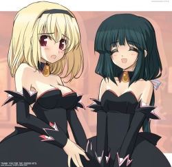 Rule 34 | 00s, 2girls, :d, :o, ^ ^, angel mort, armpits, bare shoulders, black dress, blonde hair, brooch, choker, closed eyes, collarbone, detached sleeves, dress, closed eyes, furude rika, green hair, higurashi no naku koro ni, houjou satoko, jewelry, long hair, long sleeves, multiple girls, aged up, open mouth, own hands together, plastic image, red eyes, smile, strapless, strapless dress, upper body, v arms, waitress